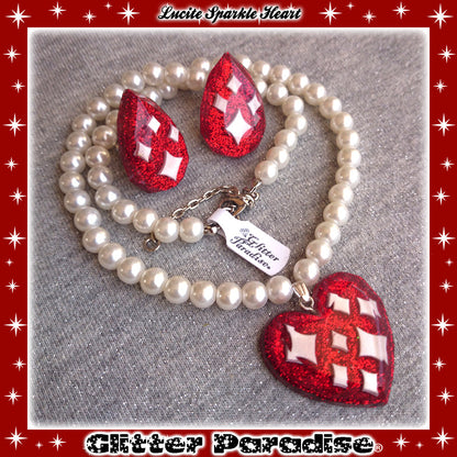 Conjunto : Lucite Sparkle Heart & Pearls